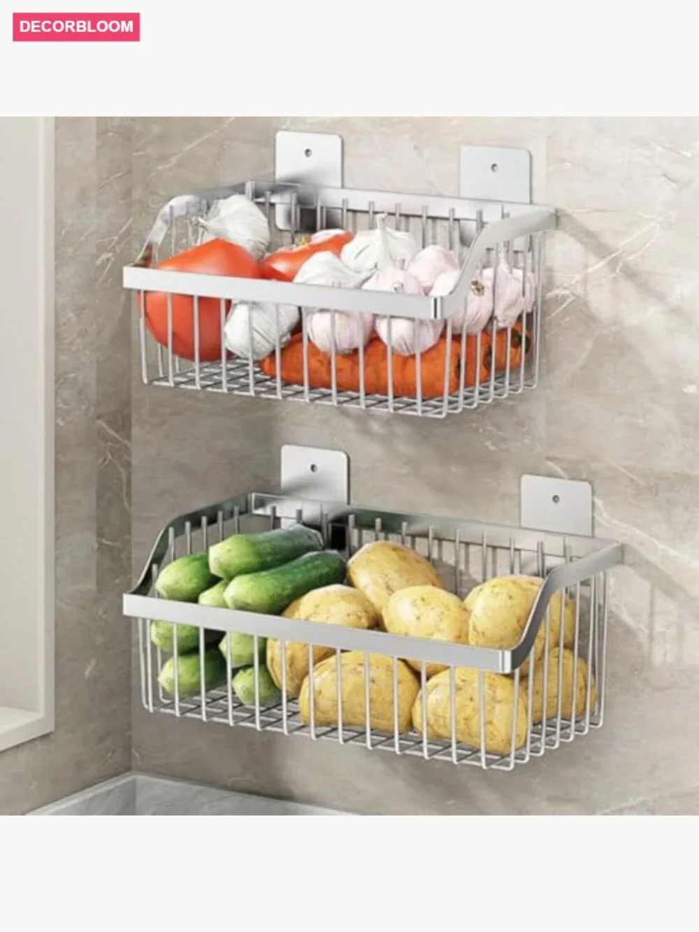 2-set stainless steel hanging fruit basket wall organizer for kitchen pantry